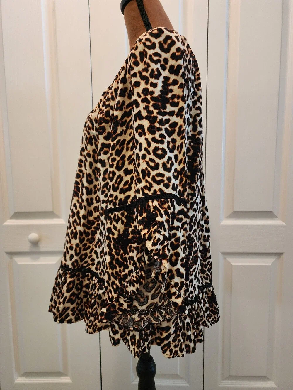 Fever Leopard-Print Flutter Split Bell Sleeves Mob Wife Ruffle Tunic